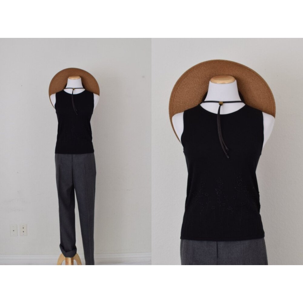 Vintage 90s Stretch Silk/Rayon Black Embroidered + Beads Tank Top | size PM